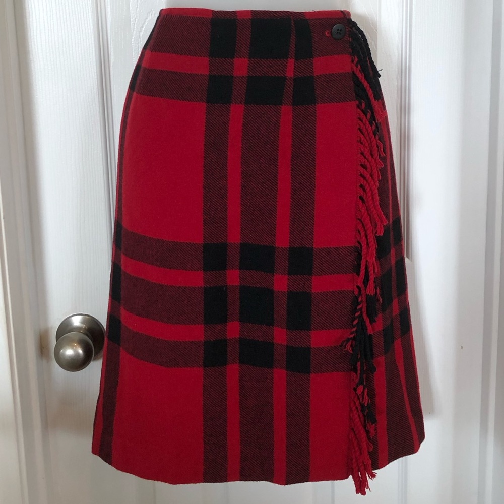 Talbots Petites Red Black Plaid Wrap Skirt Fringe